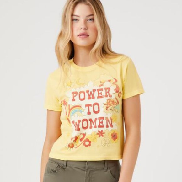 Power to Women Graphic Retro 90s Baby Tee Yellow NWT Size Medium F21 - Picture 1 of 8